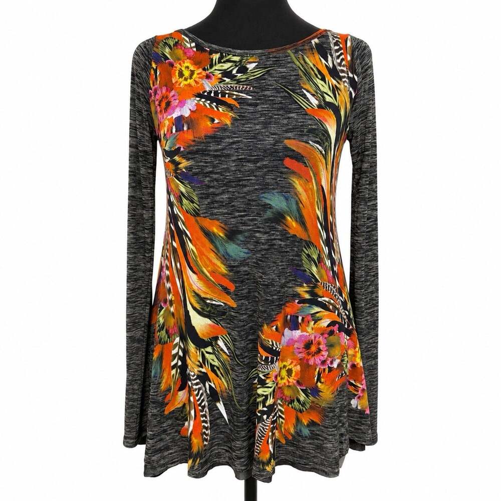 FUZZI Italy Women S Floral Feather Print Mesh Tulle Tunic Top Long Sleeve Black